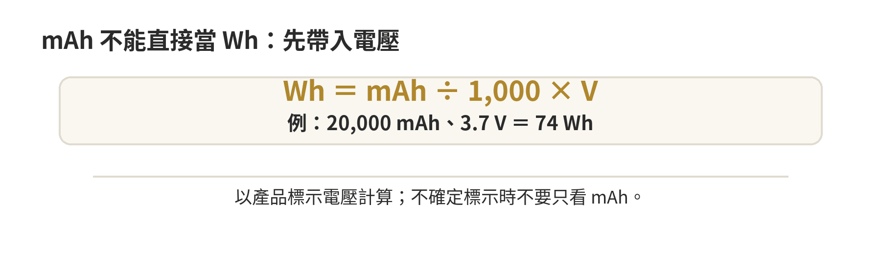 行動電源依 mAh 與標示電壓換算 Wh 的公式及示例
