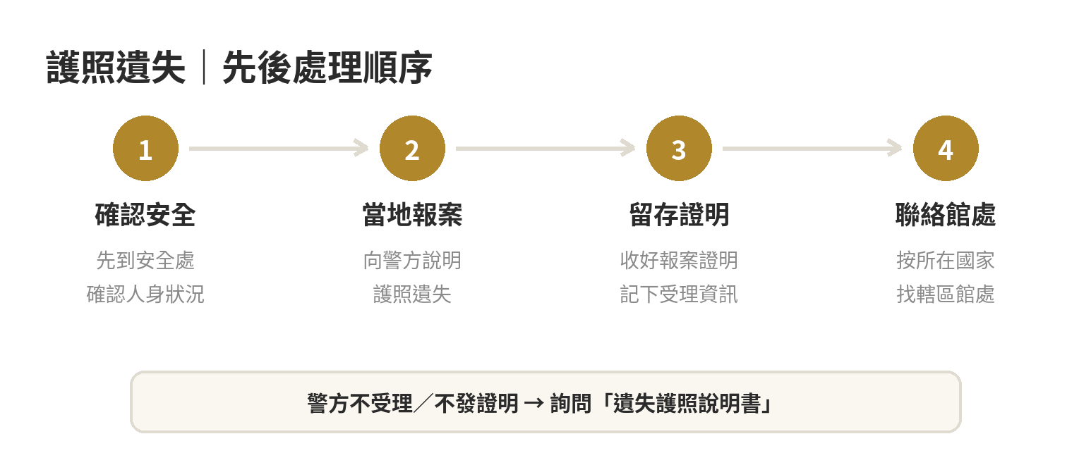 護照在國外遺失時，依序確認安全、向當地警方報案、取得證明，再聯繫我國駐外館處；警方不受理或不開證明時，詢問替代文件